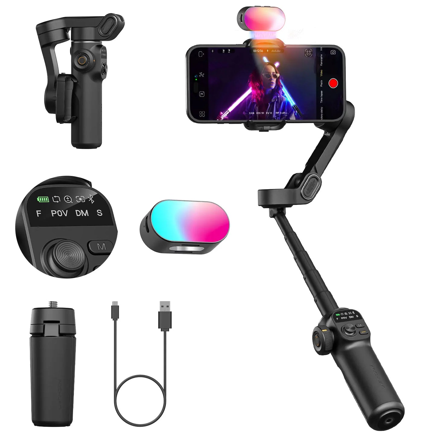 AOCHUAN Smart X2 β 3-Axis Smartphone Gimbal with Extension Pole & LED Display