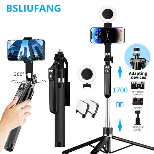 BSLIUFANG 360° Tripod Selfie Stick – 1.7M Extendable with Fill Light & Wireless Remote