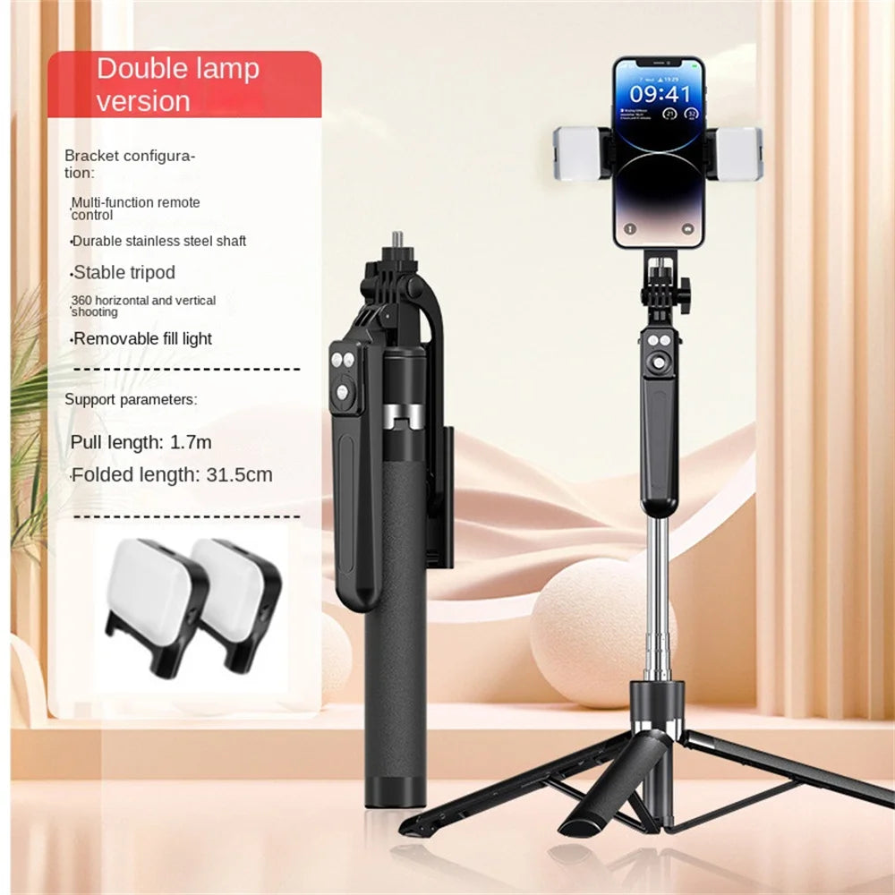 BSLIUFANG 360° Tripod Selfie Stick – 1.7M Extendable with Fill Light & Wireless Remote